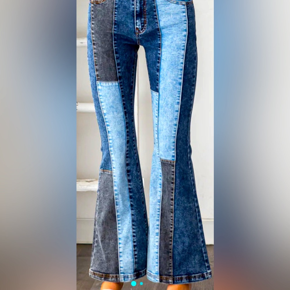 OLI AND HALI Patchwork Washed Denim Flare Jeans, Medium size